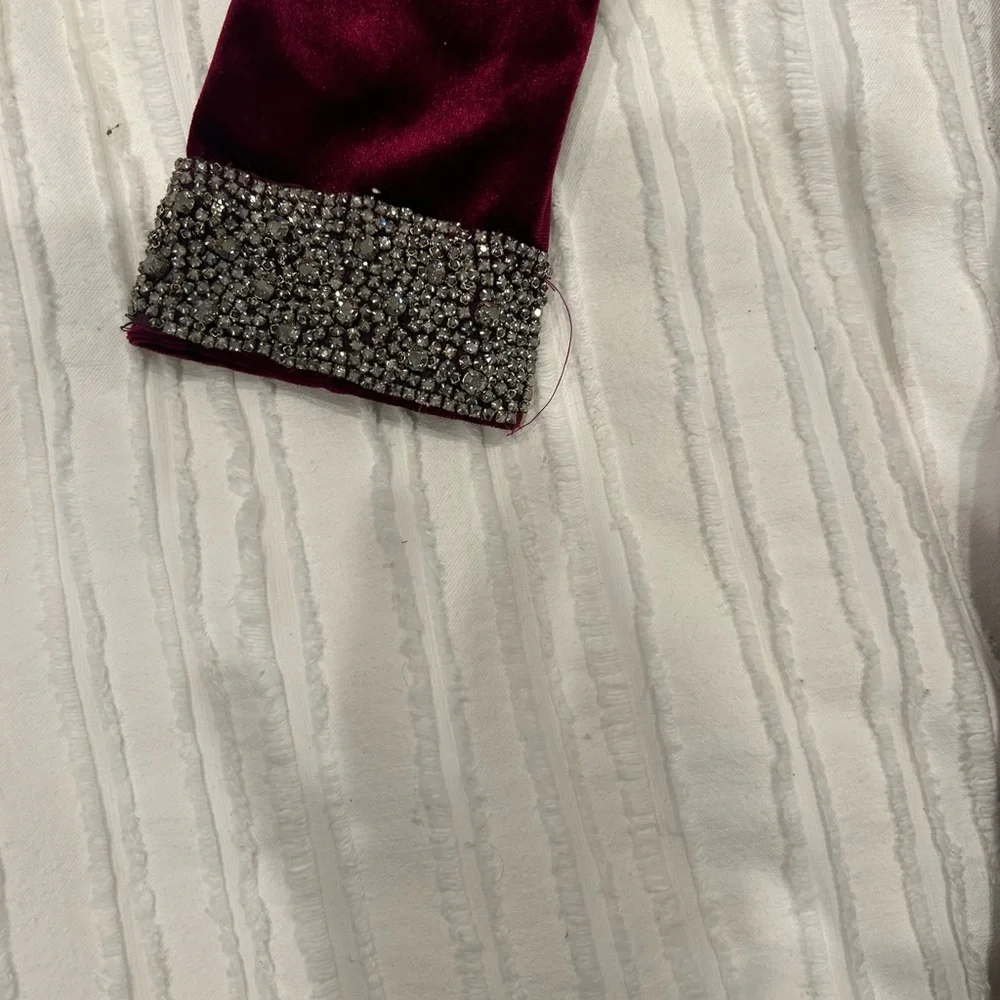 David Meister Velvet Burgundy Cocktail Dress with Crystal Cuffs - Picture 6 of 14